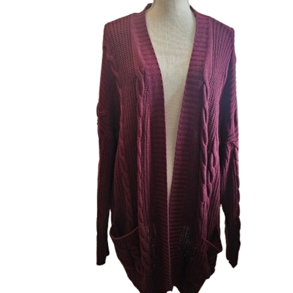 L Love Sweaters - L Love Women's Burgundy Cable Knit Long Cardigan